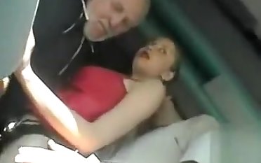 Busty piece of baggage gets fingered and groped by an old dad